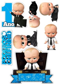 an image of a baby in suit and tie with other stickers on it's back