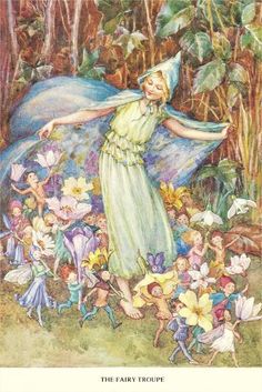 the fairy group is surrounded by flowers and other small creatures in the woods, with one woman holding her arms out