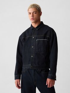 Authentic, no stretch selvedge denim icon jacket.  Point collar.  Long sleeves with button cuffs.  Button front.  Patch pocket at chest.  Front slant pockets.  Dark indigo wash.  Responsibly Made: This denim jacket is part of our water-saving Washwell program.  Compared with conventional wash methods, Washwell uses at least 20% less water and has saved over a billion liters of water since 2016.  * Fit: Relaxed.  A straight & easy fit with a relaxed sleeve.  * Style Note: For a more Classic fit, Dark Denim Jacket Outfit, Denim Jacket Men Outfit, Dark Denim Jacket, Denim Jacket Outfit, Icon X, Levis Jacket, Selvedge Denim, Dark Indigo, Black Denim Jacket