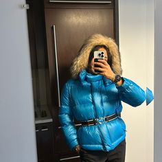 Gently Used, Imperfections Pointed Out In Pics. One Part Is Held Together By A Pin And Can Be Sewn Together Pretty Quick. I’m A Small And The Size 38 Fits Me Perfect, Could Prob Fit A Medium Too Cause It’s Quite Roomy And The Belt Is Very Stretchy The Hood Can Be Removed The Pockets Have Zippers It’s Such A Warm And Comfy Coat, Lightweight I Love Love This Jacket But Moving To Ca And Don’t Need It Collecting Dust Ready To Ship Asap Bundle And Save Luxury Blue Puffer Outerwear, Designer Blue Outerwear With Padded Collar, Love Love, Prada, Puffer, Im Not Perfect, Jackets & Coats, Jackets For Women, Zipper