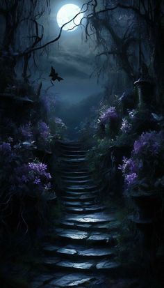 a dark forest with steps leading up to the moon