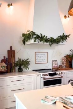 a kitchen with white cabinets and green plants on the wall above the stove top oven