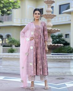 Cotton Purple & Peach Hand Block Print Anarkali Kurta Set - Ria Fashions Pink Kalamkari Print Straight Kurta Salwar Kameez, Pink Kalamkari Print Straight Salwar Kameez, Pink Straight Kurta Salwar Kameez With Kalamkari Print, Pink Block Print Palazzo Set For Navratri, Pink Anarkali Palazzo Set With Printed Motifs, Pink Kalamkari Print Kurta For Diwali, Fitted Pink Block Print Salwar Kameez, Pink Long Sleeve Anarkali Set With Printed Motifs, Festive Pink Kalamkari Kurta