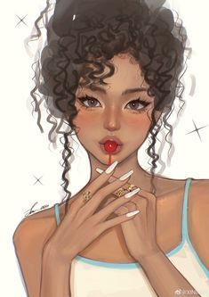 a digital painting of a woman with curly hair holding her hand to her mouth and making a funny face