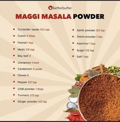 the ingredients for maggi masala powder are shown in this poster, which includes spices and seasonings