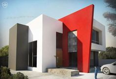 an artist's rendering of a modern house with red and white walls, two men standing in front of it