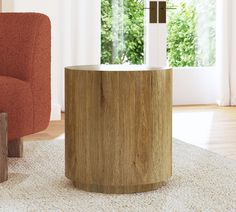 Larisa End Table (20") | Pottery Barn Pottery Barn Round End Table, Pottery Barn Parquet, Drum End Table, Lodge Lighting, Marble Accent Table, Sofa Seating, Round End Table, Indoor Design, Cleaning Wood