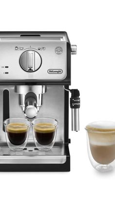 an espresso machine with two glasses next to it on a white background,