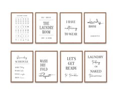 six bathroom wall art prints with the words, laundry room and washroom on them