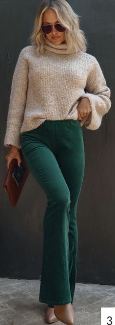 Winter outfit corduroy vintage retro vibes pants womens office-ready outfit ideas Non-stretch Green Leggings For Fall, Trendy Green Leggings For Fall, Green Casual Leggings For Fall, Casual Green Leggings For Fall, Casual Wide Leg Fall Leggings, Womens Office, Pants Womens, Bell Bottom, Bold Prints