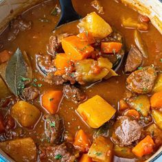 beef stew with carrots and potatoes in a pot