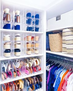 an organized closet filled with shoes and baskets