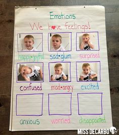 a bulletin board with pictures of children's emotions and feelings on it, along with words describing emotions