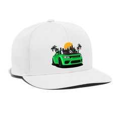 Snapback cap, size adjustable, featuring flat brim with contrasting green underside. 80% acrylic, 20% wool White Hip Hop Hat For Streetwear, White Casual Flat Cap, Casual White Flat Cap, White Snapback Trucker Hat For Streetwear, White Hip Hop Fitted Baseball Cap, White Flat Bill Trucker Hat For Streetwear, White Sporty Trucker Hat With Flat Brim, White Flat Brim Dad Hat For Streetwear, White Adjustable Flat Cap Snapback Hat