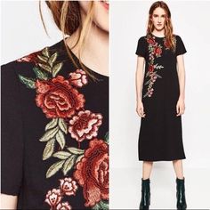 Zara Embroidered Midi Dress Is Detailed With Floral Embroidery And Finished With Two Slits On Each Side. 16 1/2 Inches Measured From Armpit To Armpit. 47 1/2 Inches Measured From Top Of Shoulder To Bottom Hem. Black Embroidered Midi Dress For Spring, Spring Black Embroidered Midi Dress, Black Floral Embroidery Midi Dress, Black Midi Dress With Floral Embroidery, Short Sleeve Embroidered Midi Dress, Fitted Short Sleeve Embroidered Midi Dress, Zara Short Sleeve Dresses With Floral Embroidery, Black Dresses With Intricate Embroidery For Spring, Elegant Black Short Sleeve Embroidered Dress