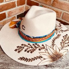 Handmade Cream Hat With Curved Brim, Custom Multicolor Wide Brim Hat, Custom Wide Brim Multicolor Hat, Custom Handmade Felt Hat For Beach, Custom Multicolor Brimmed Hat, Custom Brimmed Hat, Custom Multicolor Hat With Curved Brim, Custom Multicolor Flat Brim Hats, Hat Burning Patterns