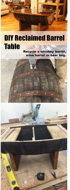 an old barrel turned into a coffee table with the words diy reclaimed barrel table on it