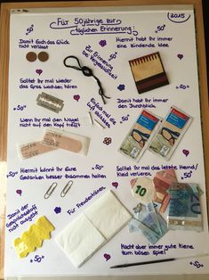 the contents of a craft kit laid out on top of a white board with purple writing