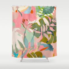 a shower curtain with an abstract painting of leaves and flowers in pink, green, blue, yellow and orange colors