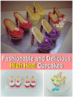 some cakes and cupcakes are arranged on a table with the words, fashionable and delicious high heel cupcakes