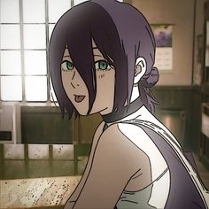 an animated image of a woman with short hair and green eyes looking at the camera