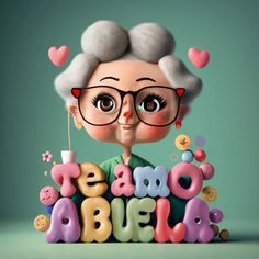 an old woman with glasses is surrounded by letters