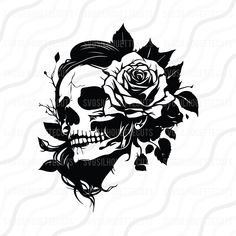 a black and white skull with roses on it's head, in the shape of a