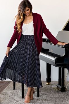 Polka Dot Skirt Outfit Fall, Polka Dot Skirt Outfit, Dot Skirt Outfit, A Line Skirt Outfits, Black And White Polka Dot Skirt, Skirt Outfit Fall, White Polka Dot Skirt, Morning Lavender