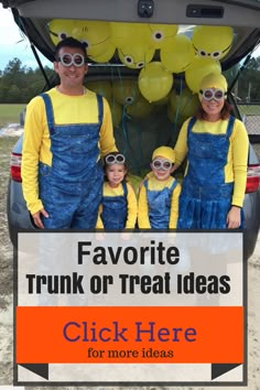 the family is dressed up as minions for their trunk or treat ideas