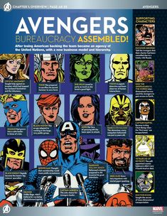 the avengerss book cover is shown with many different characters and their names on it