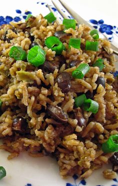 a plate topped with rice and green onions