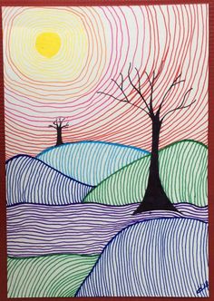 a drawing of a tree in the middle of a field with hills and trees on it