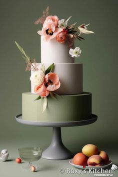 a three tiered cake with flowers and fruit on the side, sitting on a plate