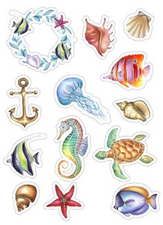 an assortment of sea life stickers on a white background