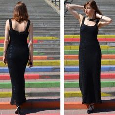 two pictures of a woman in a black dress standing on steps with her hands behind her head