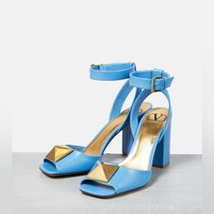 Valentino Garavani Nwt One Stud Ankle-Strap Sandals Size 7 Blue Evening Sandals With Buckle Closure, Evening Blue Sandals With Buckle Closure, Luxury Blue Open Toe Heels, Blue Ankle Strap Heels With Buckle Closure, Designer Heels With Ankle And Heel Strap, Designer Heels With Ankle Strap, Blue Ankle Strap Sandals For Formal Occasions, Blue Ankle Strap Sandals For Formal Events, Luxury Blue Sandals For Evening