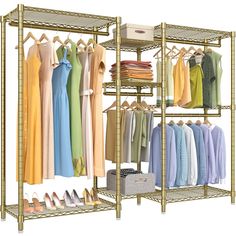 an image of a closet with clothes and shoes on racks in front of the rack