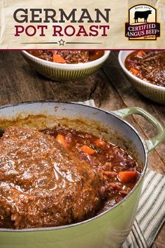 the german pot roast recipe is ready to be eaten and served in two large pans