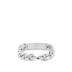 LOUIS VUITTON® - Monogram Chain Bracelet - Silver Mens Louis Vuitton Ring, Designer Metal Chain Bracelets, Luxury White Gold Bracelets With Silver-tone Logo, Luxury Engraved Link Chain Bracelet, Luxury Engraved Chain Bracelet, Luxury Engraved White Gold Chain Bracelet, Luxury White Gold Metal Bracelets, Designer Silver Chain Bracelets, Luxury White Gold Metal Chain Bracelet