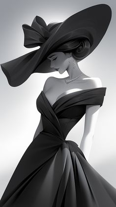 a black and white photo of a woman in a dress with a large hat on her head