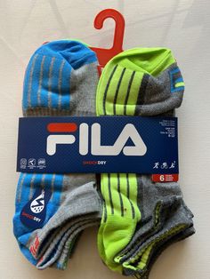 6 Pairs Fila Low Cut Socks Multicolor Unisex Shock Dry Shoe Size: 6-12. Condition is New with tags. Shipped with USPS First Class. Breathable Casual Sports Socks, Casual Fade-resistant Training Socks, Casual Blue Running Socks, Casual Gray Breathable Socks, Multicolor Breathable Sporty Socks, Yellow Sporty Socks For Sports, Casual Non-slip Gray Socks, Casual Gray Non-slip Socks, Casual Green Socks For Outdoor Activities