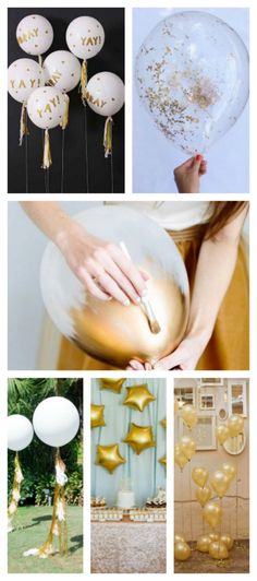 gold and white balloons are featured in this collage