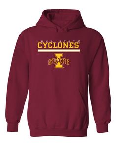 Iowa State Cyclones Hooded Sweatshirt - I-State Logo with Horizontal Stripe Team-colored Cotton Hoodie With Graphic Print, Cotton Hoodie With Graphic Print, Cotton Team Spirit Hoodie For Fan Merchandise, Collegiate Hoodie With Logo Print, Team Colored Cotton Fan Apparel Hoodie, Cotton School Spirit Hoodie For Fans, Collegiate Cotton Hoodie For Fan Merchandise, Collegiate Hoodie With Letter Print For Fans, Collegiate Style Hoodie With Letter Print For Fans