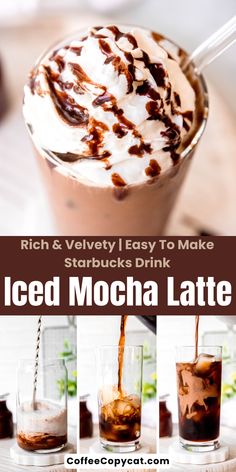 iced mocha latte with chocolate syrup and whipped cream