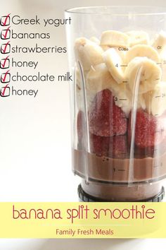 a banana split smoothie in a blender with instructions to make it for breakfast