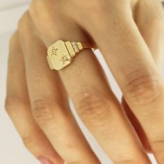 Star Signet Ring 14k Solid Gold Celestial Ring Gold Square Signet Ring Handmade Jewelry Minimal Ring Christmas Gift For Her Birthday Gift ▶ 𝙋𝙍𝙊𝘿𝙐𝘾𝙏 𝙁𝙀𝘼𝙏𝙐𝙍𝙀𝙎 * 14k Solid Gold Ring * Ring Length : 1.14 cm ( 0.44 inches) * Ring Width : 1 cm ( 0.39 inches) ❤️ This ring will look amazing on your graceful fingers! It will make you look more stylish with its sparkle and eye-catching.We are sure it will suit you very well! ❤ ❤️ A quality design that will amaze you with its shine that you Fine Jewelry Open Signet Ring For Gift, Fine Jewelry Open Signet Ring As Gift, Luxury 14k Gold Signet Ring Gift, Rose Gold Luxury Signet Ring As Gift, Luxury Rose Gold Signet Ring For Gift, Diamond Signet Ring As A Gift, Diamond Signet Ring Fine Jewelry For Gift, Fine Jewelry Rose Gold Signet Ring For Anniversary, Diamond Signet Ring With Diamond Accents As A Gift