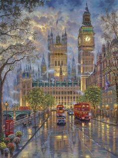 a painting of big ben and the houses of parliament on a rainy day in london