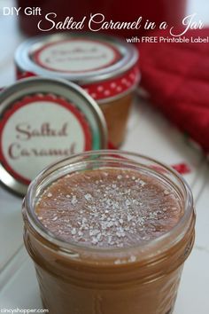 homemade salted caramel in a jar with free printable label