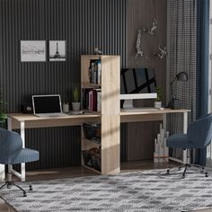 a desk with two chairs and a laptop on it in a room that has striped walls