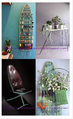 four different pictures with flowers, plants and an ironing board on it's side